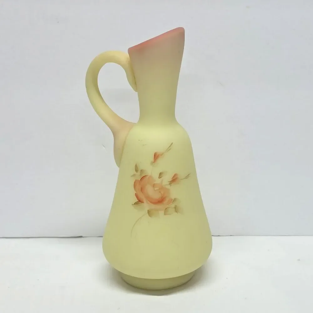 Fenton‎ Custard Burmese Uranium Rose Cruet Hand Painted Vintage 70s Glows in UV